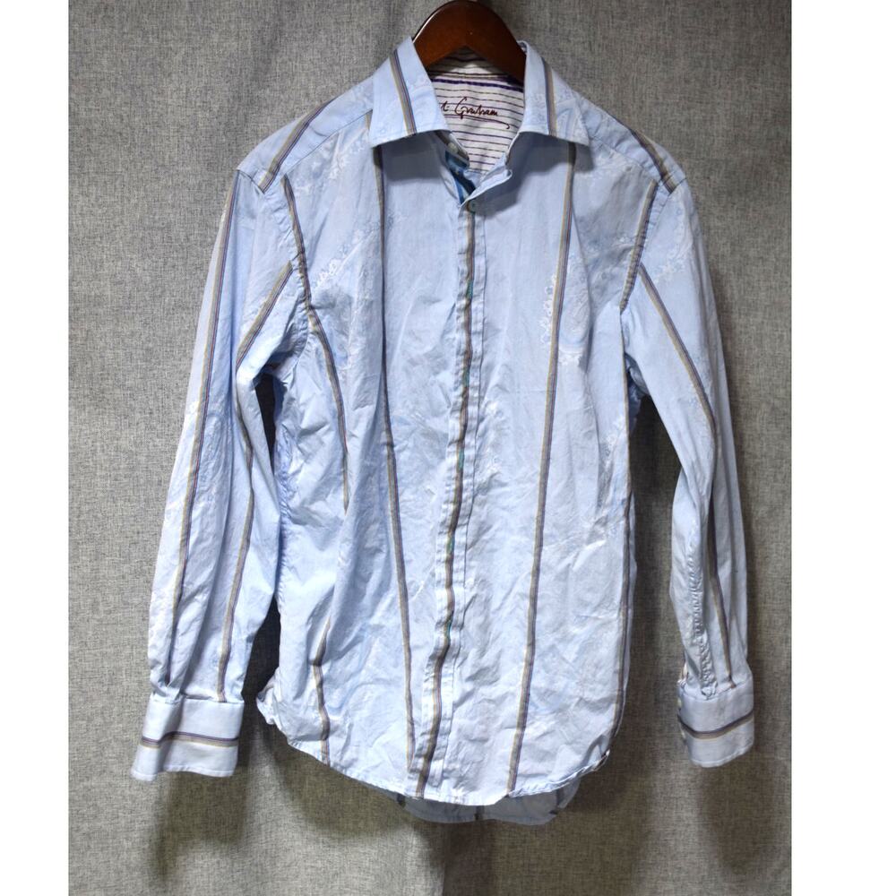 Robert Graham Men’s Medium Striped Jacquard Button-Down Shirt Light Blue